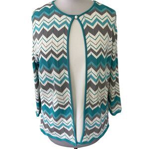 Alfred Dunner Women's‎ SZ L Chevron Pattern Cardigan Open Weave Turquoise, White
